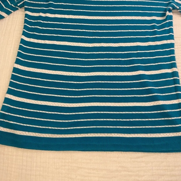 Talbots Teal White Striped Linen Blend 3/4 Length Sweater Shirt Medium Petite - Picture 15 of 16